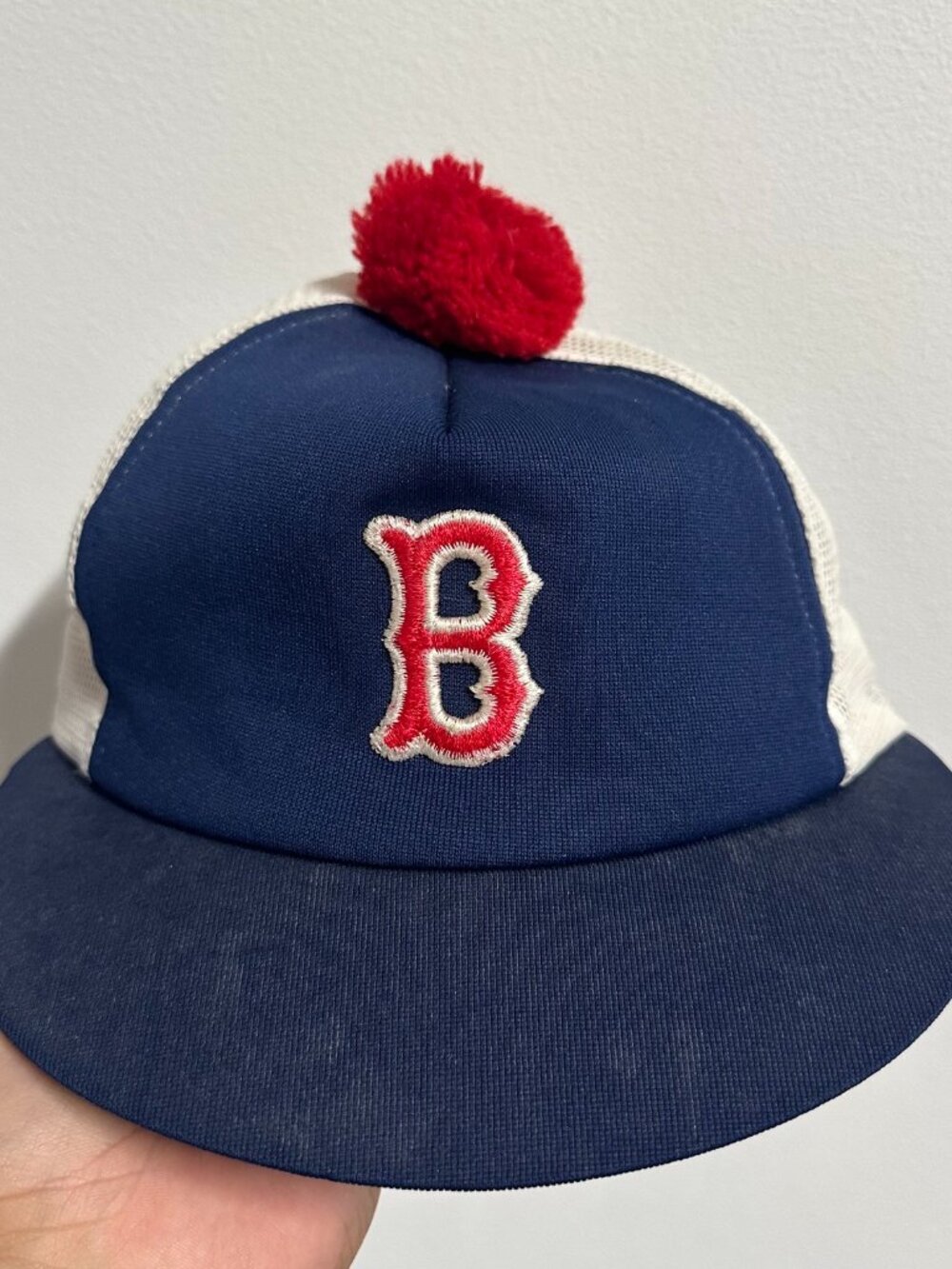 Vintage Boston Red Sox Trucker Hat Short Bill Snapback Pom Top 80s MLB Baseball